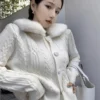 Furry Collar Knitted Cream Cardigan Top