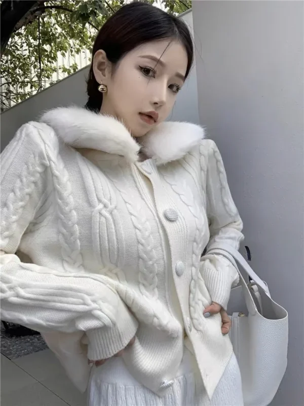 Furry Collar Knitted Cream Cardigan Top