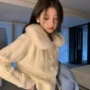 Furry Collar Knitted Cream Cardigan Top